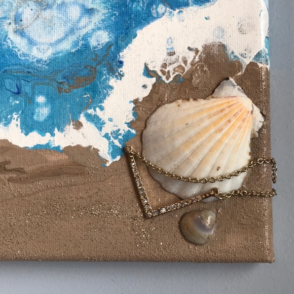 10 x 20” beach ocean abstract painting signed by artist gold jewelry shells - Picture 2 of 5
